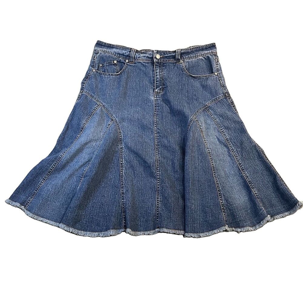 Vintage Goddess Jean Skirt Flare Raw Hem Midi Medium Wash Womens Size 17/18